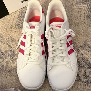 Adidas White Shoes with Sparkling Pink Stripes
